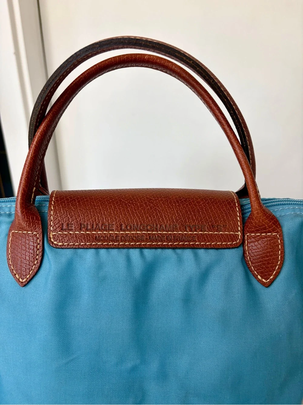 Longchamp Le Pliage Top-Handle Tote in Light Blue w Brown leather, GUC - Picture 13 of 16